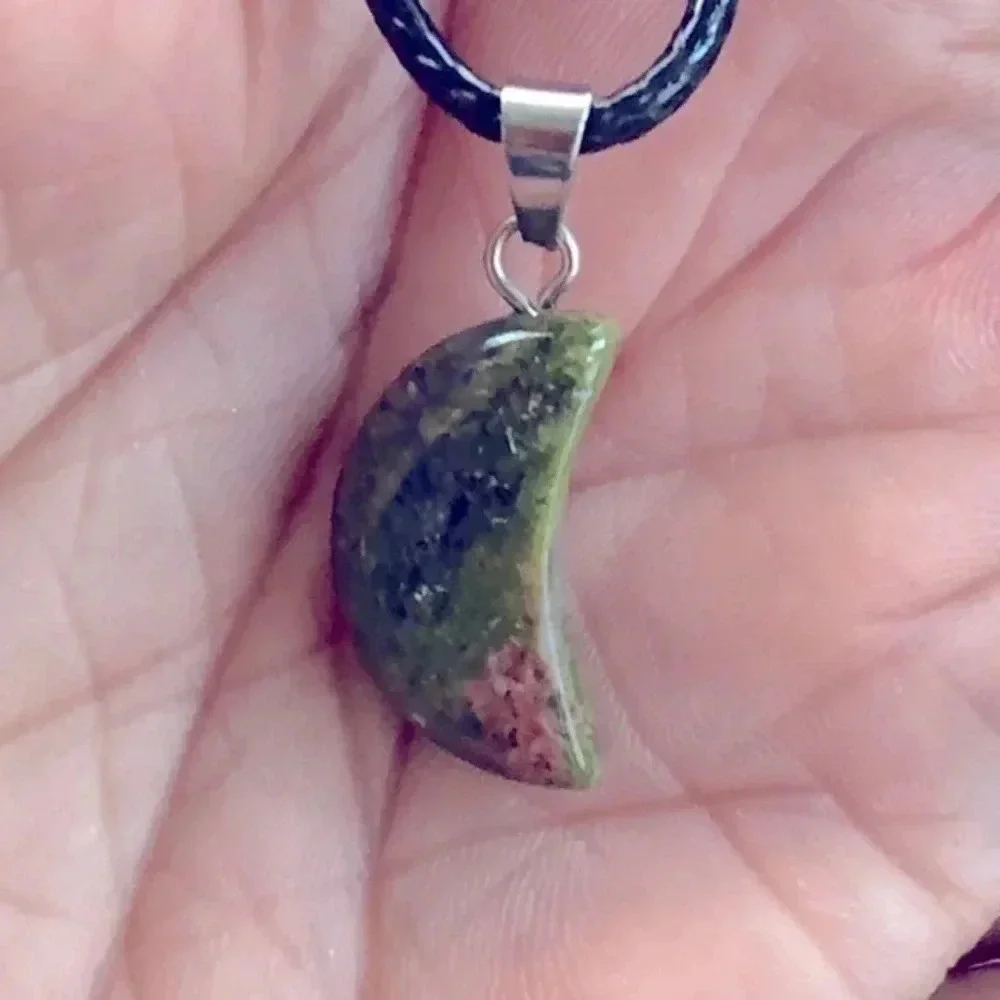 Unakite Moon Pendant Leather Necklace NWT